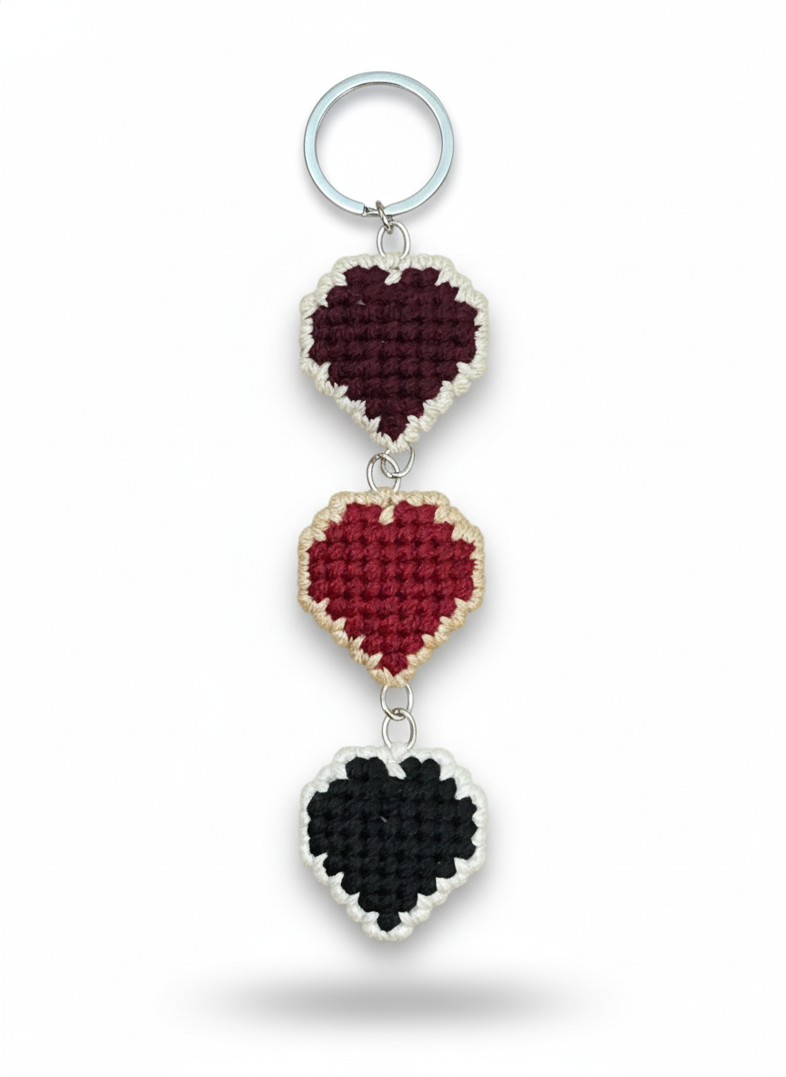 Handmade Triple Heart Crochet Keychain